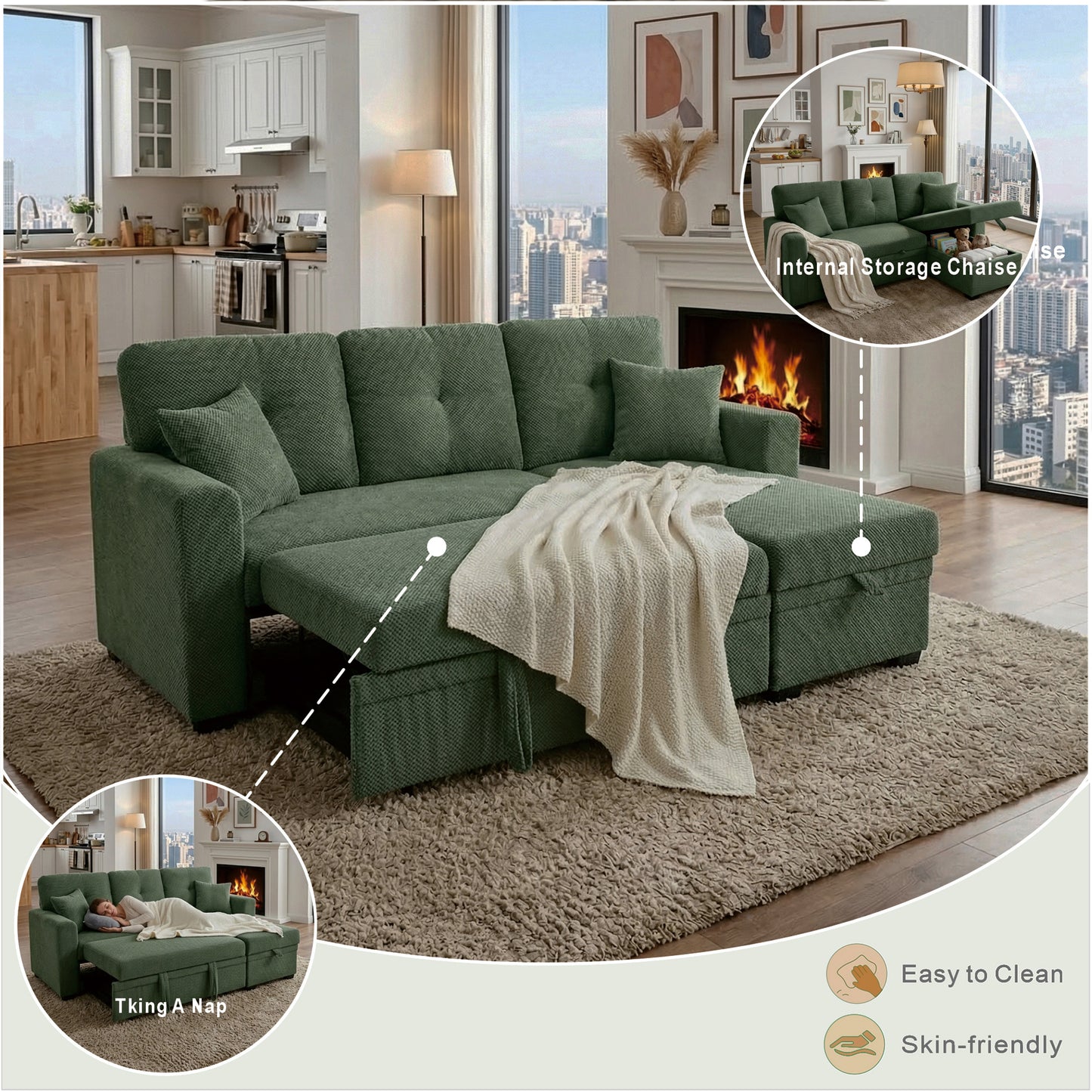Convertible Sleeper Sofa with Pull-Out Bed & Reversible Chaise - Dark Green