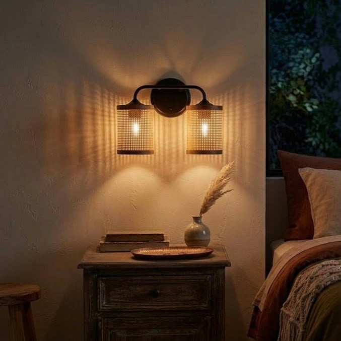 Quell Double Light Vanity With Natural Rattan Shade Wall Lamp
