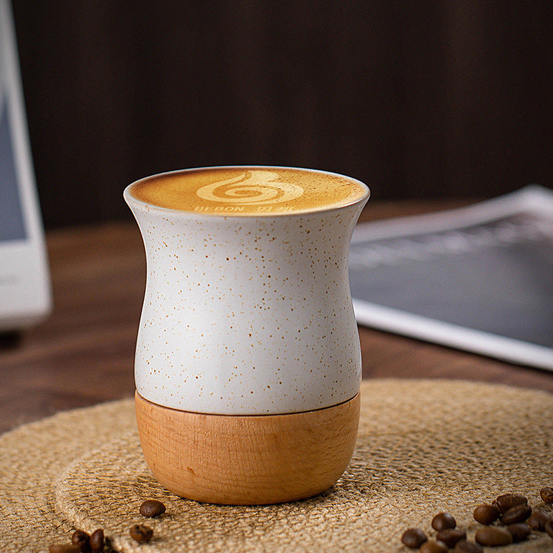 Retro Solid Wood Base Stoneware Coffee Mug 260ml - Multiple Colors