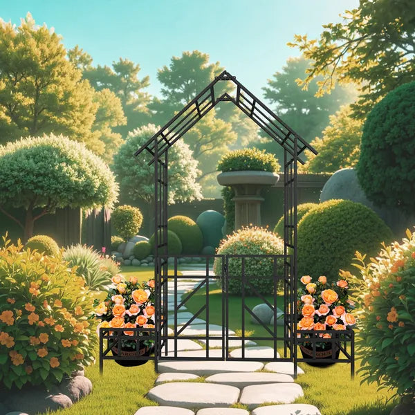 Metal Garden Arch with Gate and Planter - Black