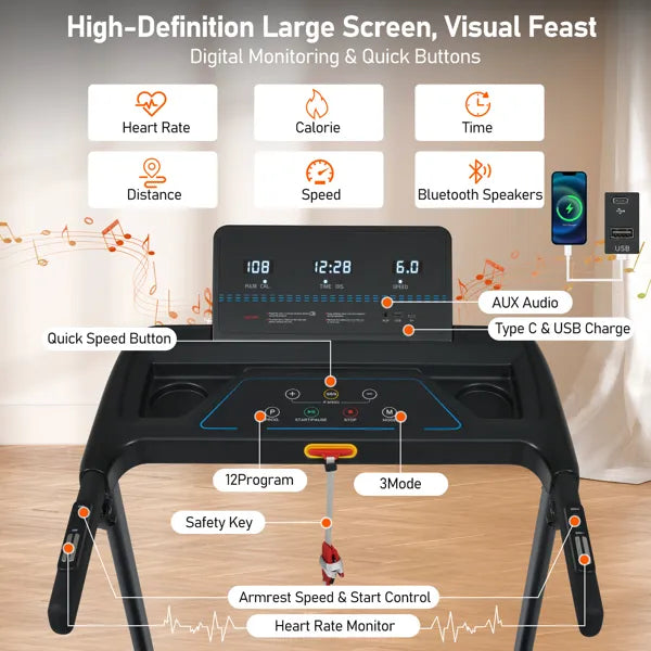 Foldable Treadmill with Incline, 3.0HP, Bluetooth & Heart Rate Sensors