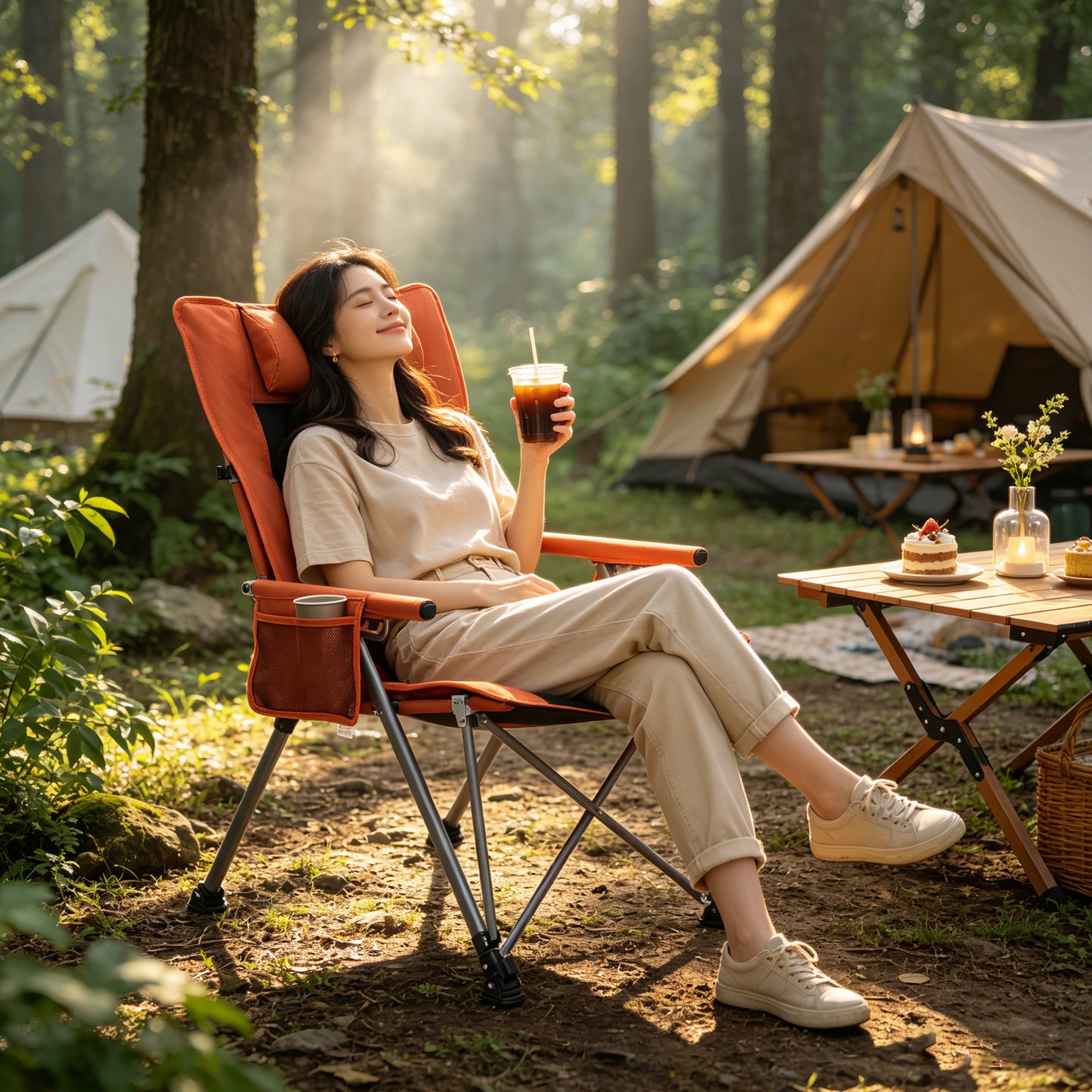 Adjustable 5-Position Reclining Camping Chair with Carry Bag - Orange