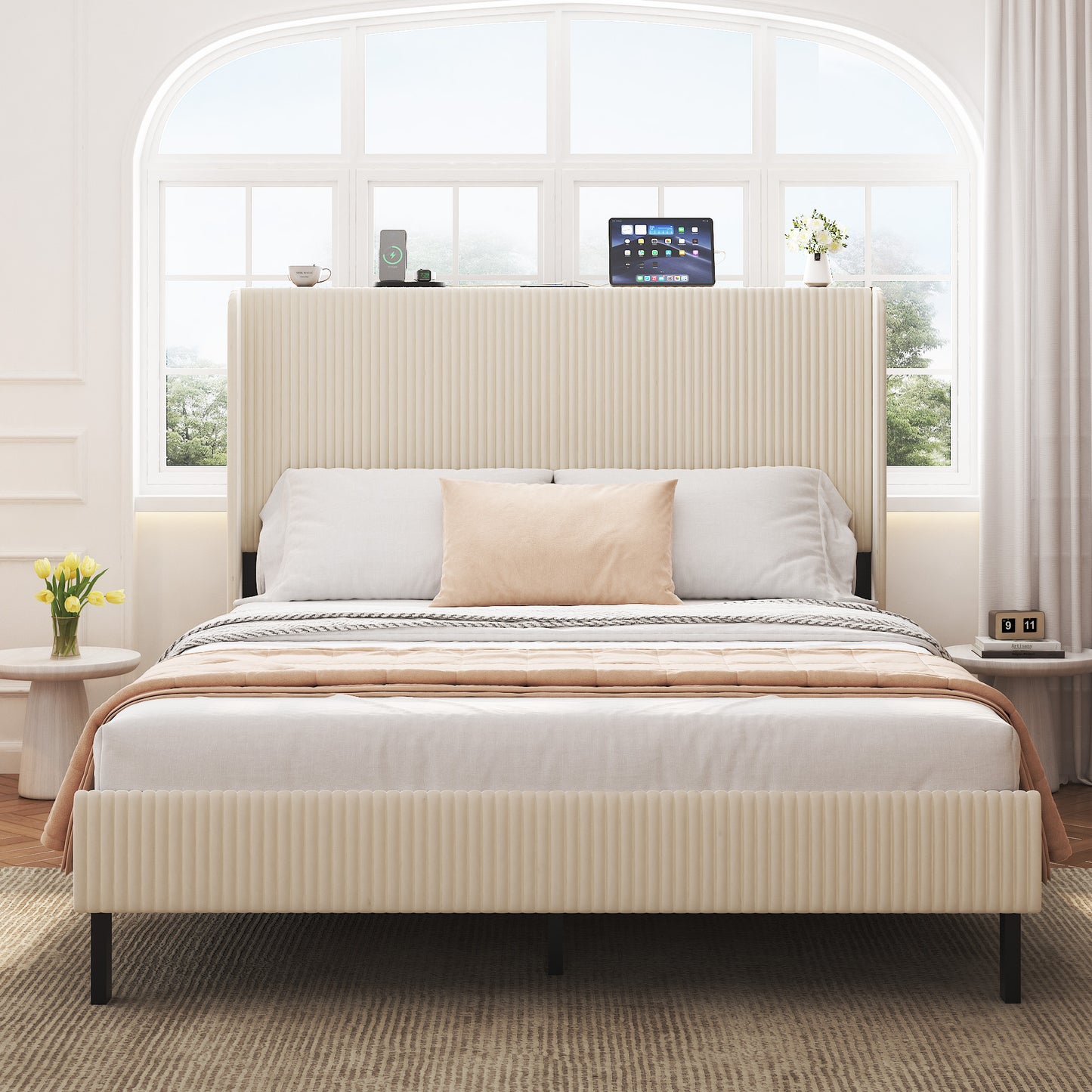 Queen Metal Platform Bed Frame with Charging Station - Beige