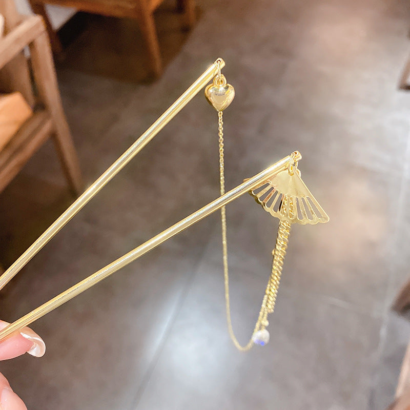 Gold Hairpin Set - Colorful Water Drop Love Fan Tassel Hair Accessories