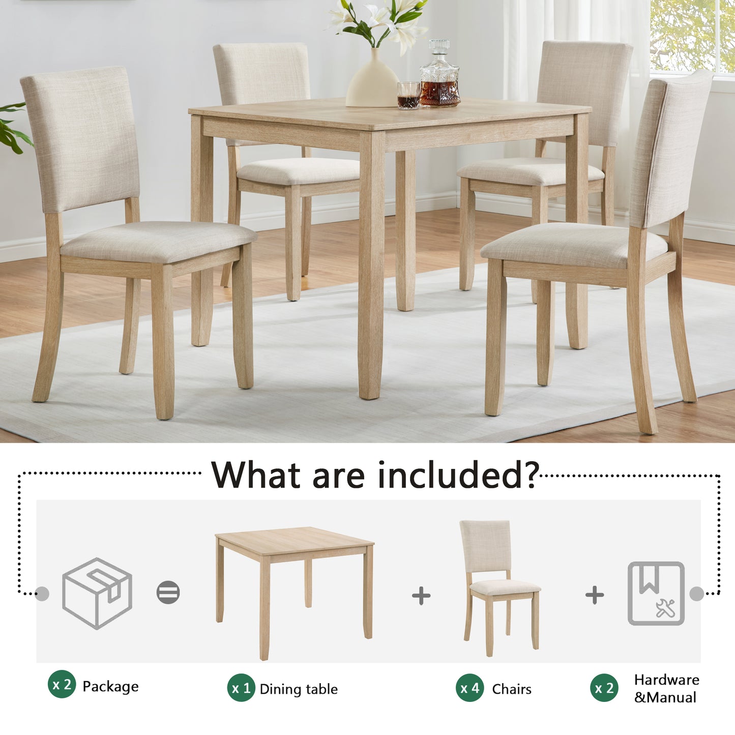 4-Person Wooden Dining Table Set with 4 Chairs - Light Oak & Beige