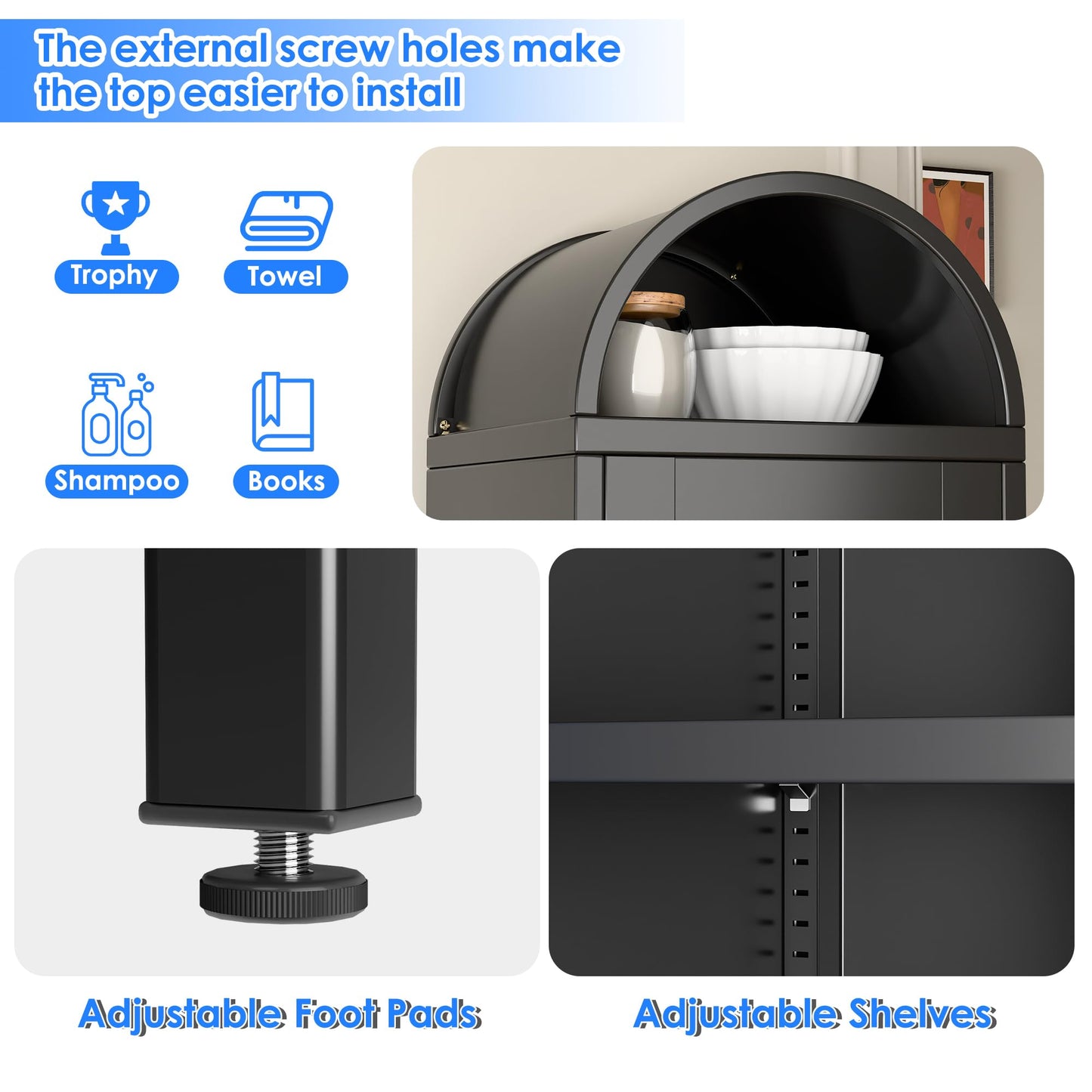 73'' Metal Arched Bookcase Cabinet with Glass Doors & Drawer - Black