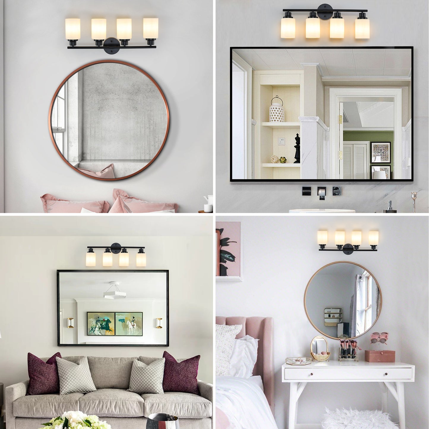 Modern 4-Light Bathroom Vanity Light - Frosted White Glass & Black Iron Frame