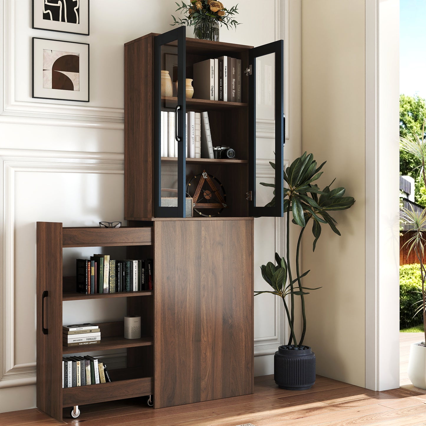 70.87" H Walnut Display Storage Cabinet - 4-Tier with Glass Doors