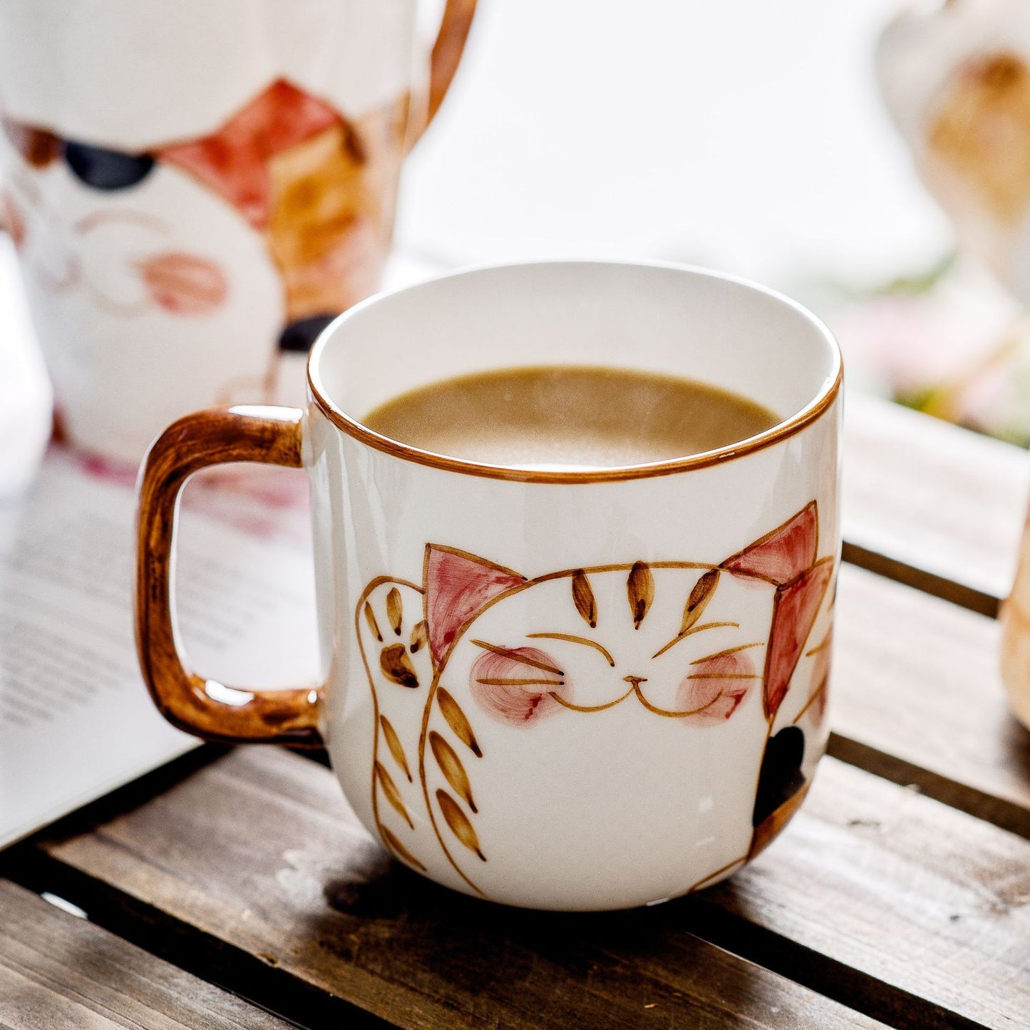 Japanese Style Hand Drawn Cat Ceramic Coffee Cup - Scented Tea Mug
