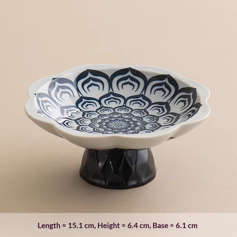 Blue and White Hand-Painted Ceramic Fruit Bowl - High Footed Decorative Centerpiece