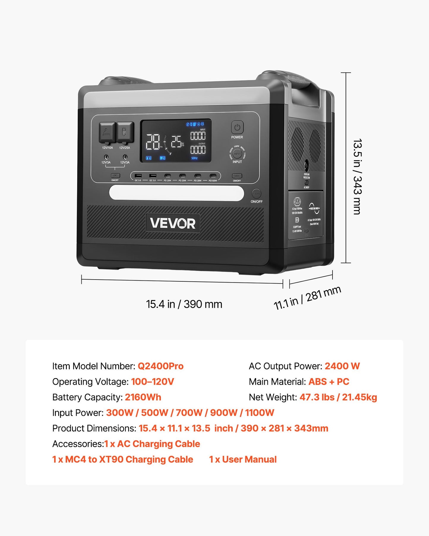 Portable Power Station 2400W 2160Wh Solar Generator with 10 Output Ports - Black