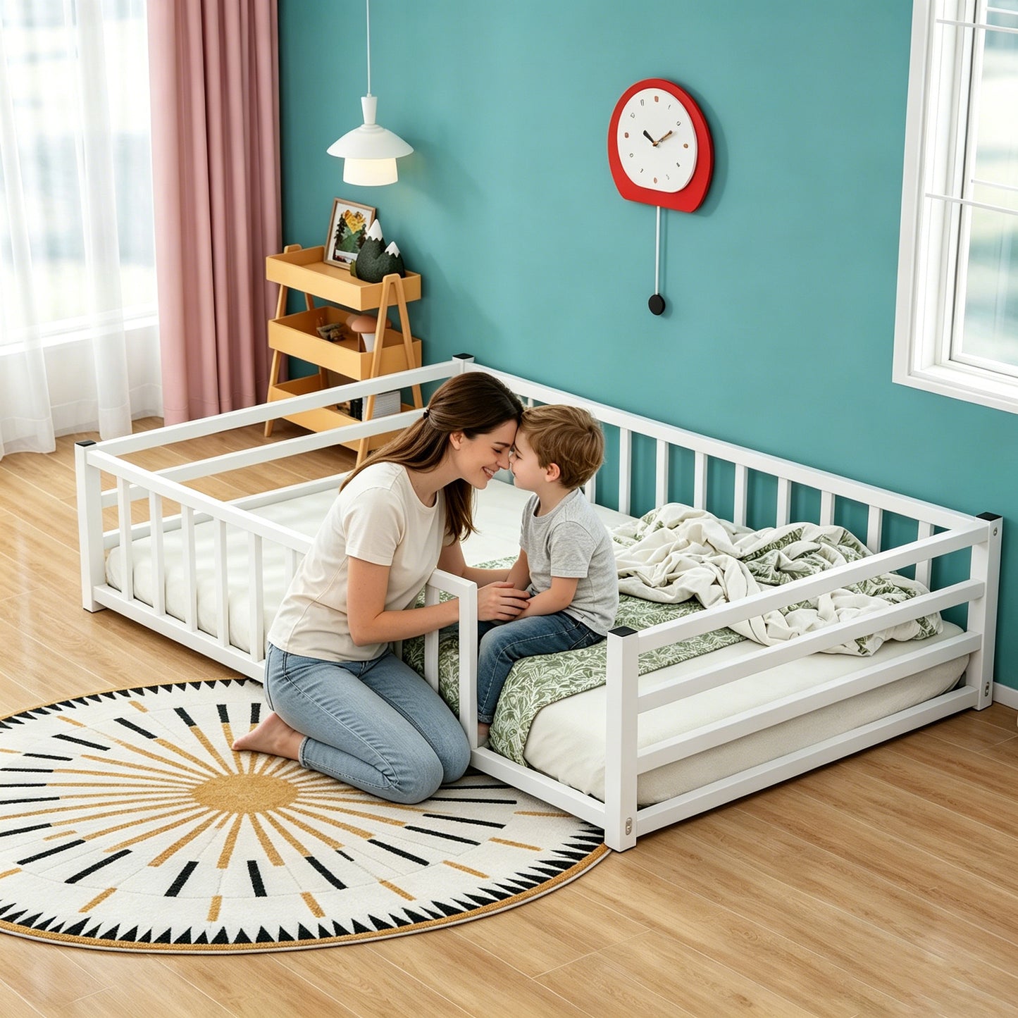Full Size Low Profile Metal Bed Frame with Guardrails - White