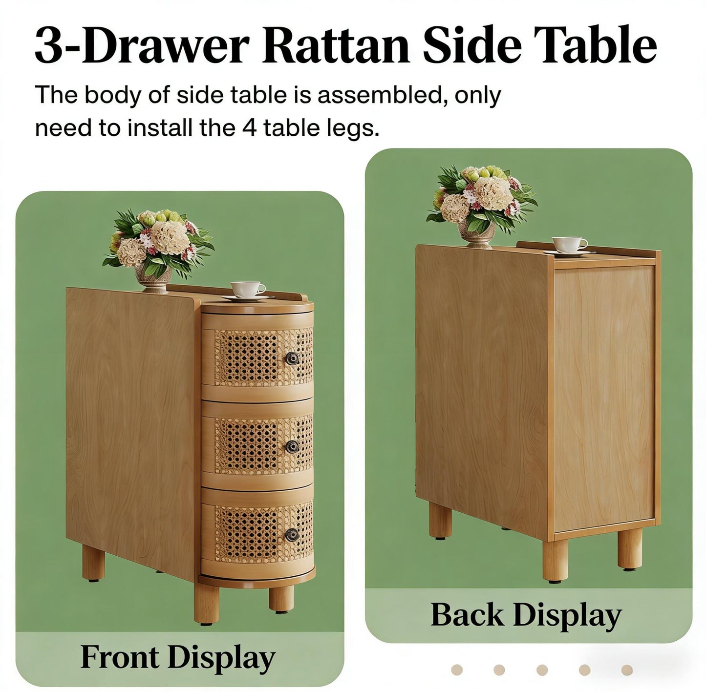 Solid Wood Nightstand with Rattan Drawers - Oak Finish