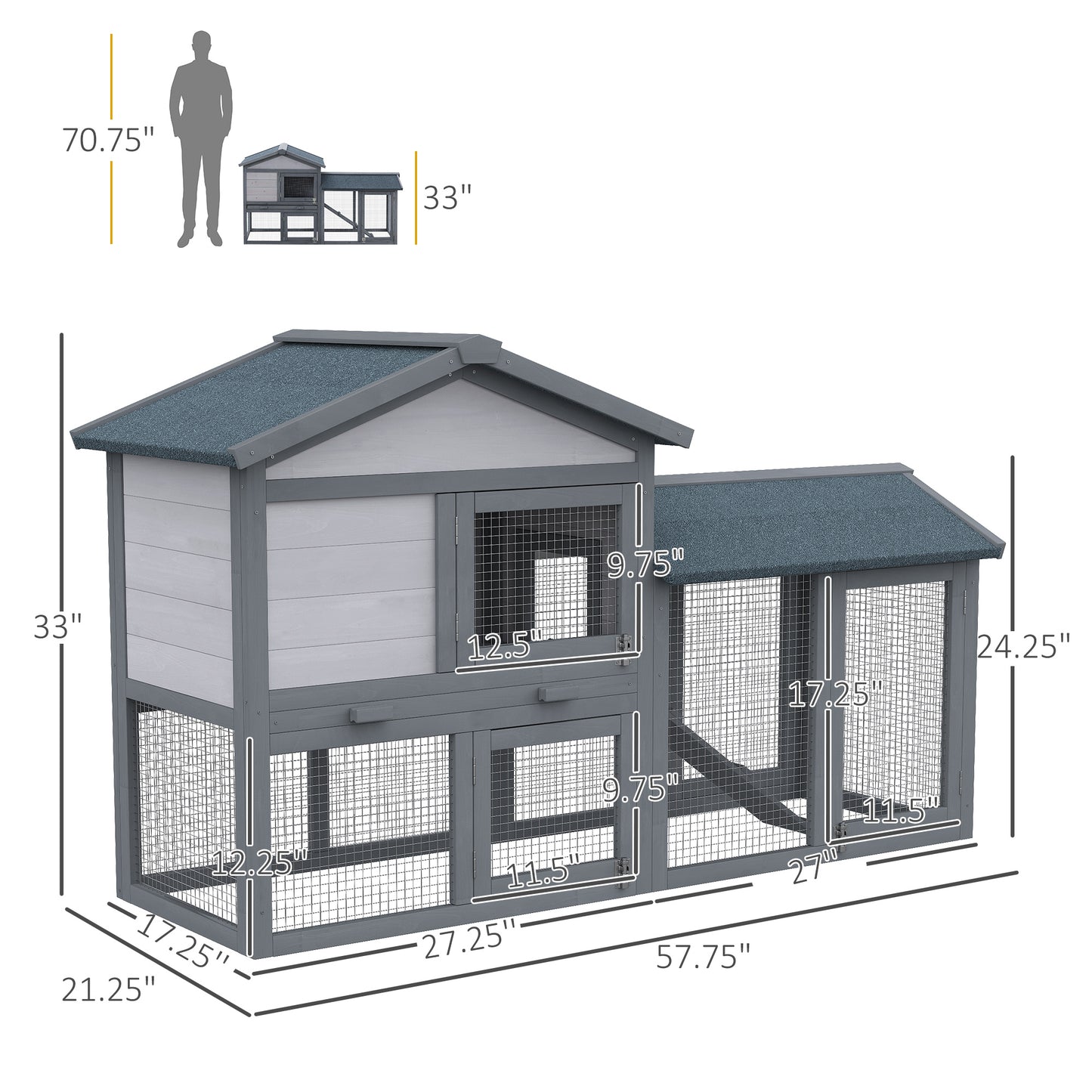 Large Wooden Rabbit Hutch 58 Inch Outdoor Indoor Pet House with Run & Lockable Doors