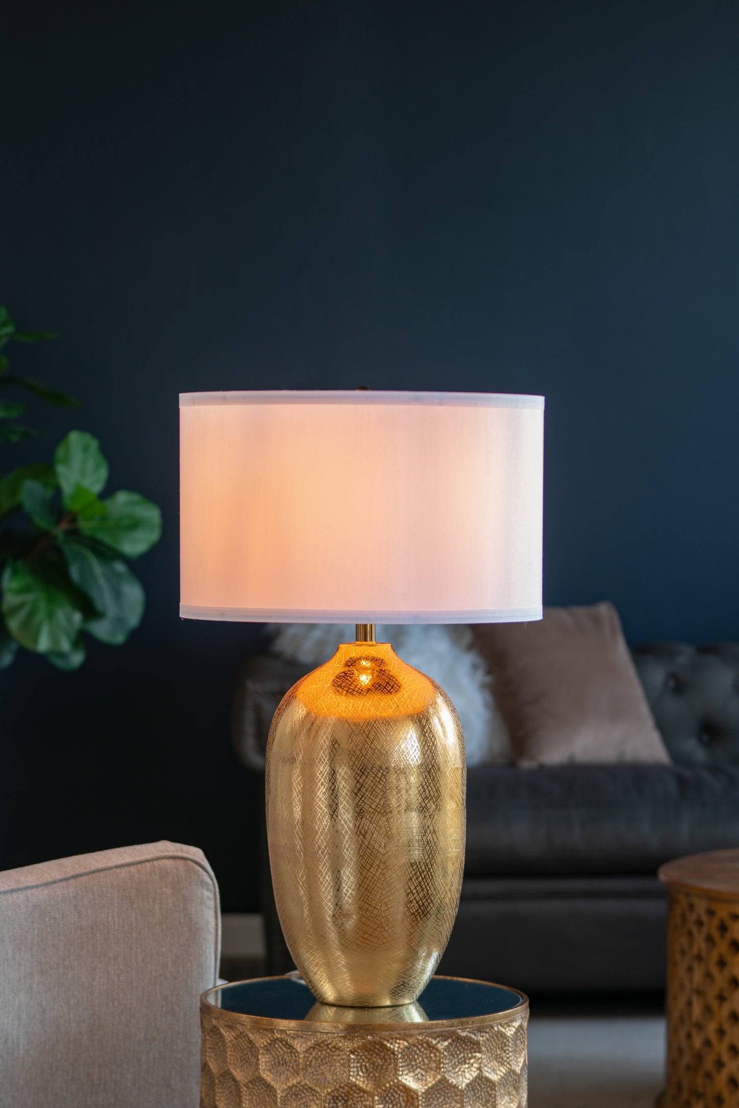 D18x31 Round Aluminum Sheet Gold Table Lamp With White Fabric Shade