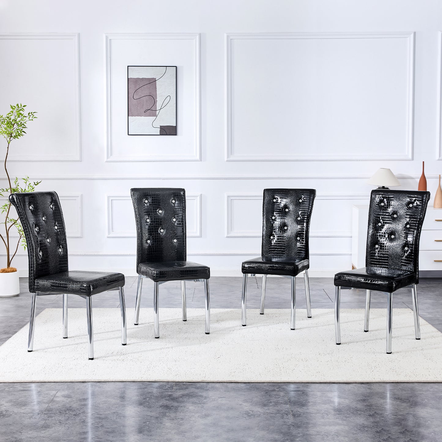Set of 4 Retro Alligator Skin Dining Chairs with Crystal Buckle - Black