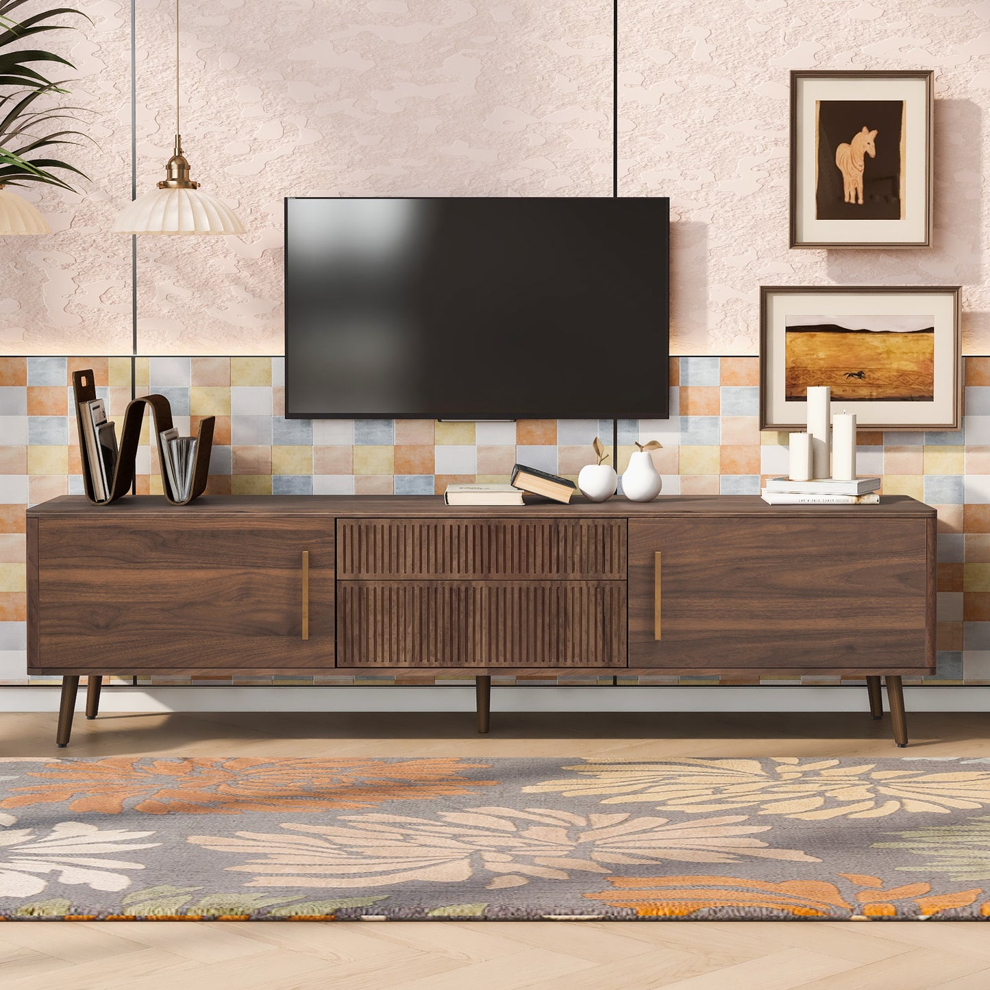 Mid Century TV Stand with 2 Drawers for TVs Up to 80'' - Walnut
