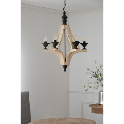 Wooden Chandelier with Adjustable Chain for Kitchen Dining Cream Finish - 6 Lights