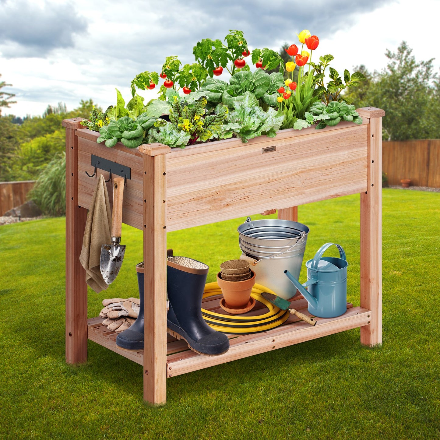 Wooden Raised Garden Bed Planter Box 33.9x18.1x30 Inches with Accessories - Natural