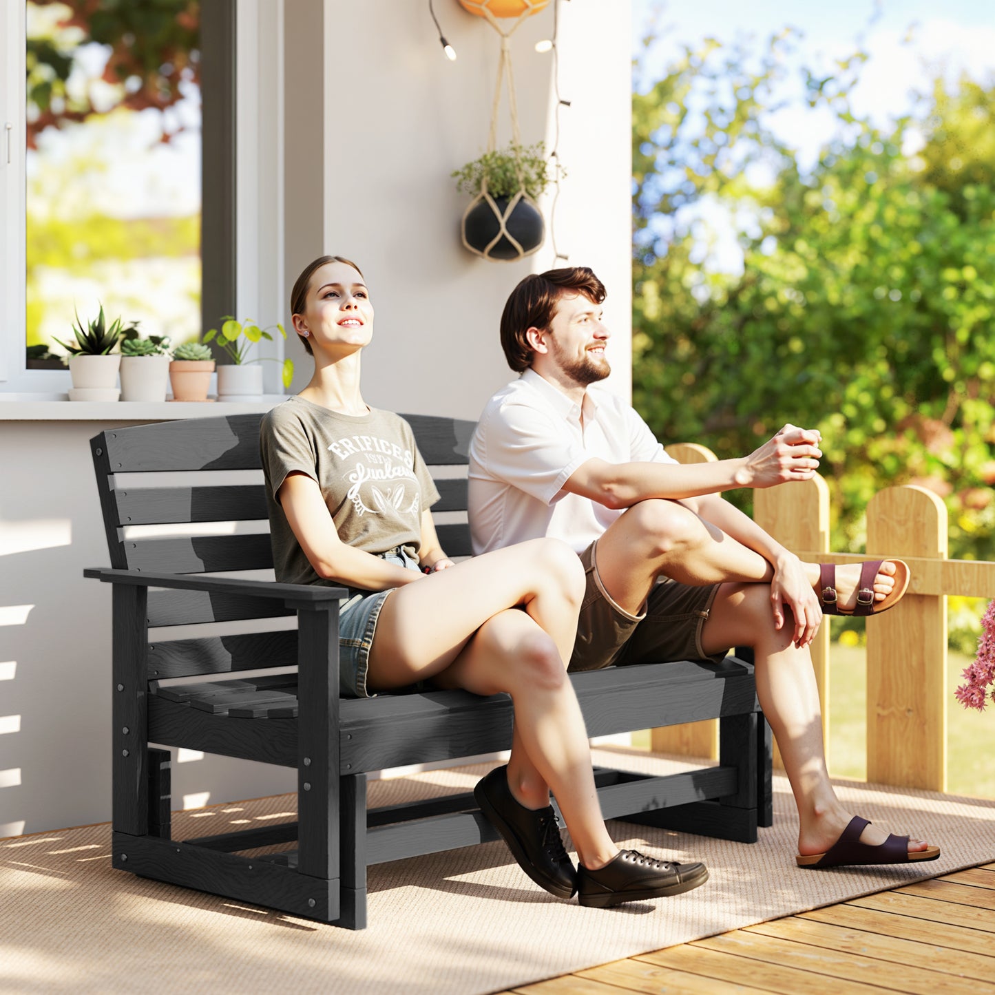 Patio Glider Bench - HDPE Slatted Double Rocking Chair, Distressed Black
