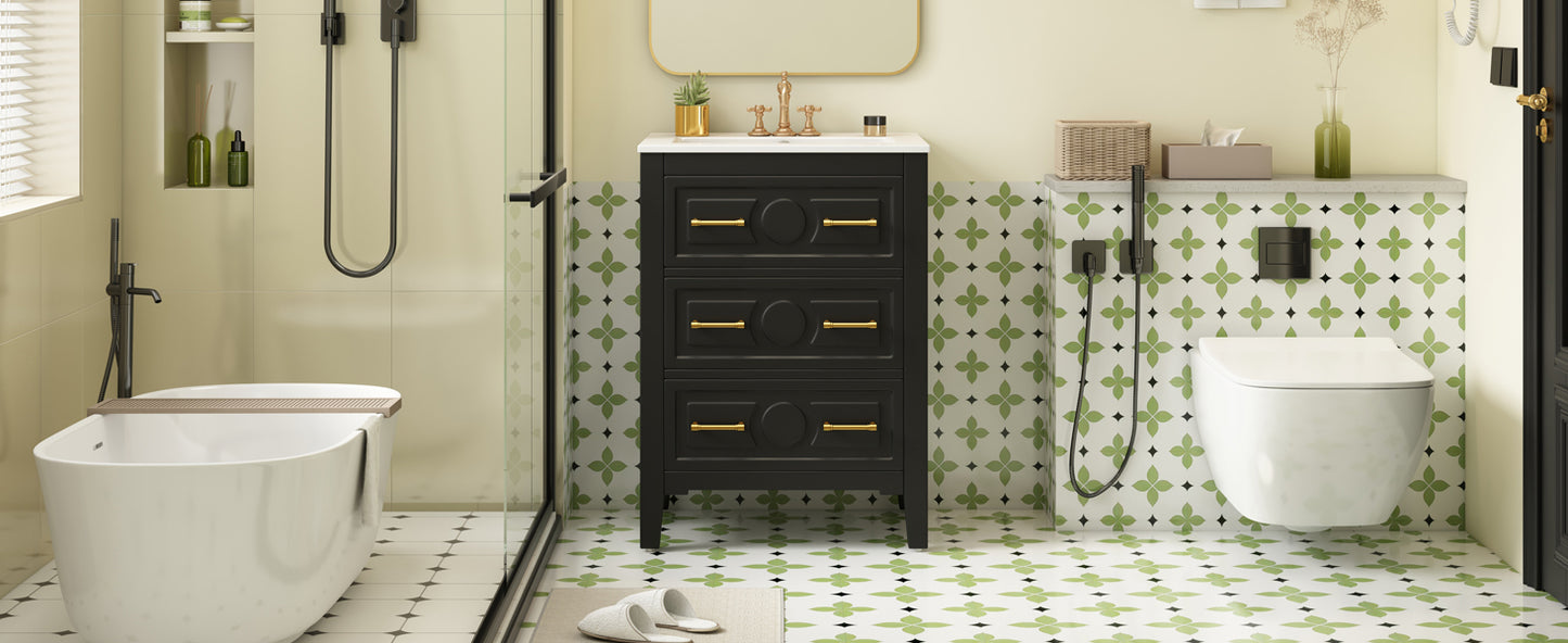 24'' Bathroom Vanity with Ceramic Sink - Black, 3 Drawers