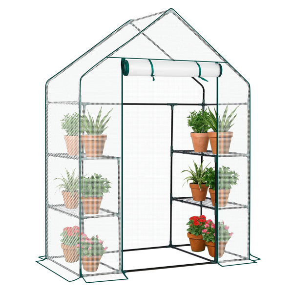 Mini Walk-In Greenhouse with PE Cover, 4-Shelf Indoor Outdoor Plant Garden for Patio Backyard, 56x29x77in, White