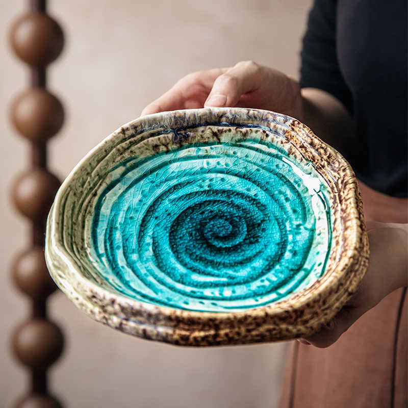 7-Inch Ceramic Salad Plate with Retro Ice Crackle Design, Blue