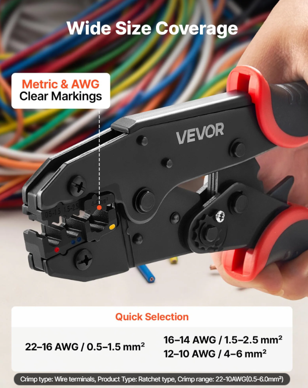 Ratcheting Wire Crimping Tool 22-10 AWG for Electrical Terminals