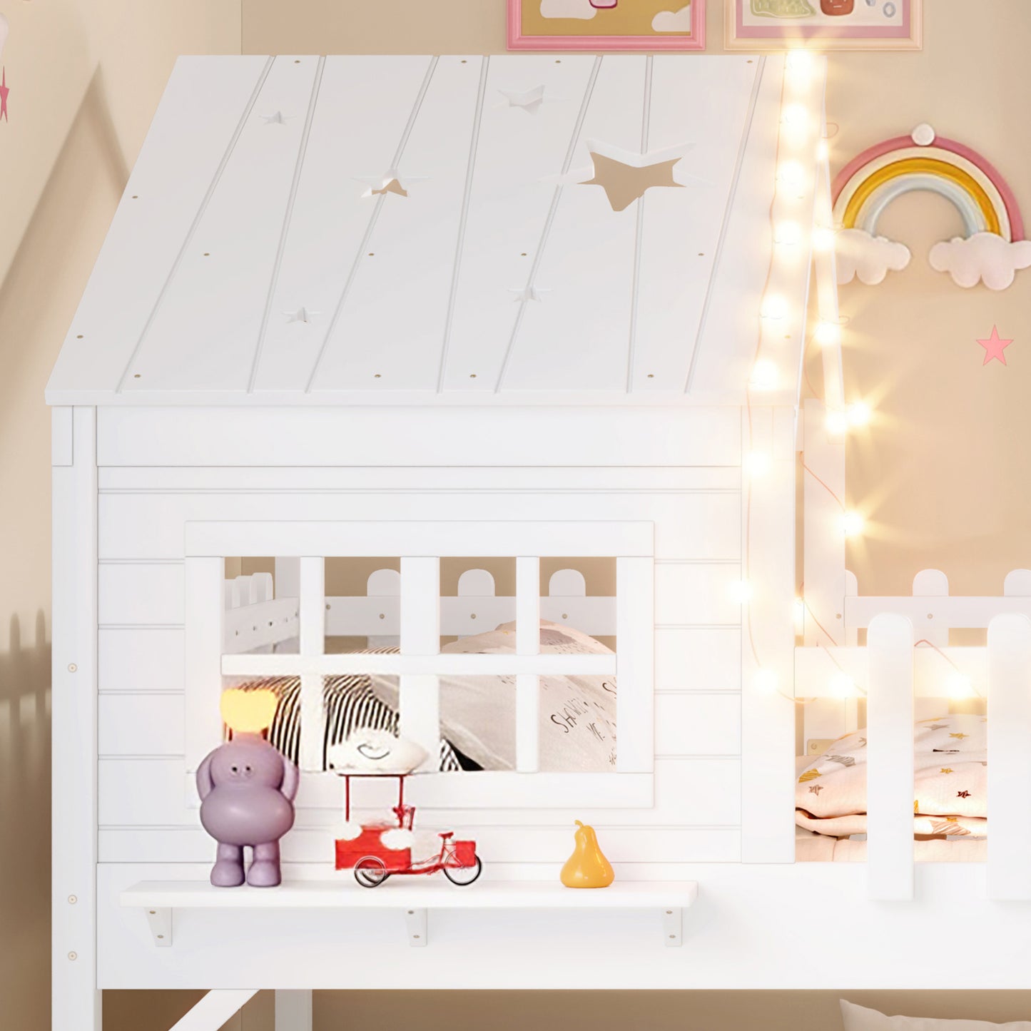 Full Size House Loft Bed with Slide & LED Lights - White