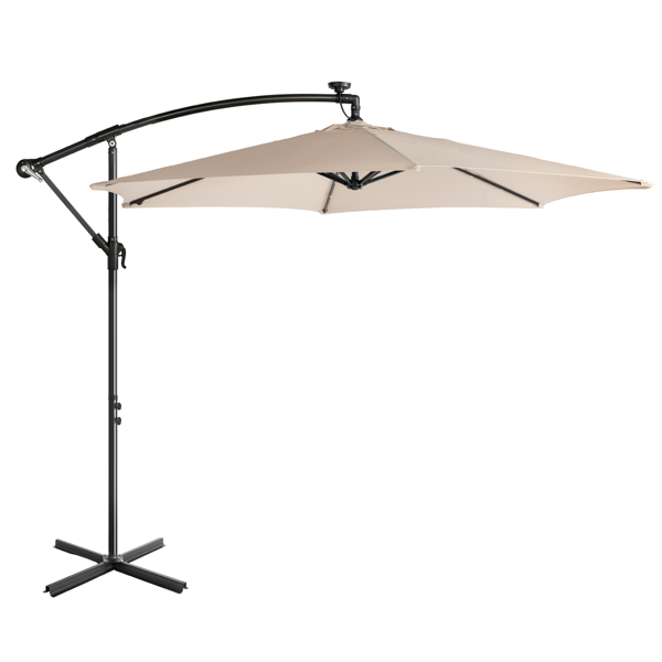 10FT Round Patio Hanging Umbrella with LED Lights - Khaki