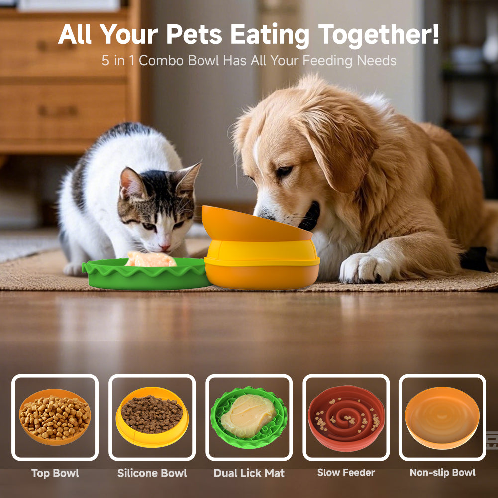 Multi-Layer Hamburger Pet Bowl for Cats and Dogs - 5-in-1 Combination