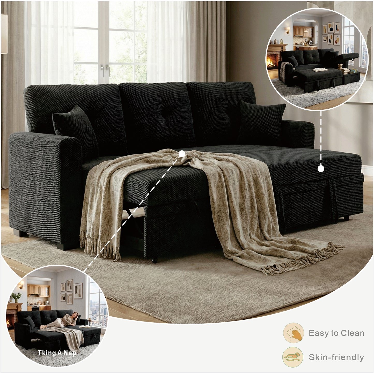Sleeper Sofa Sectional with Pull-Out Bed & Reversible Chaise - Black