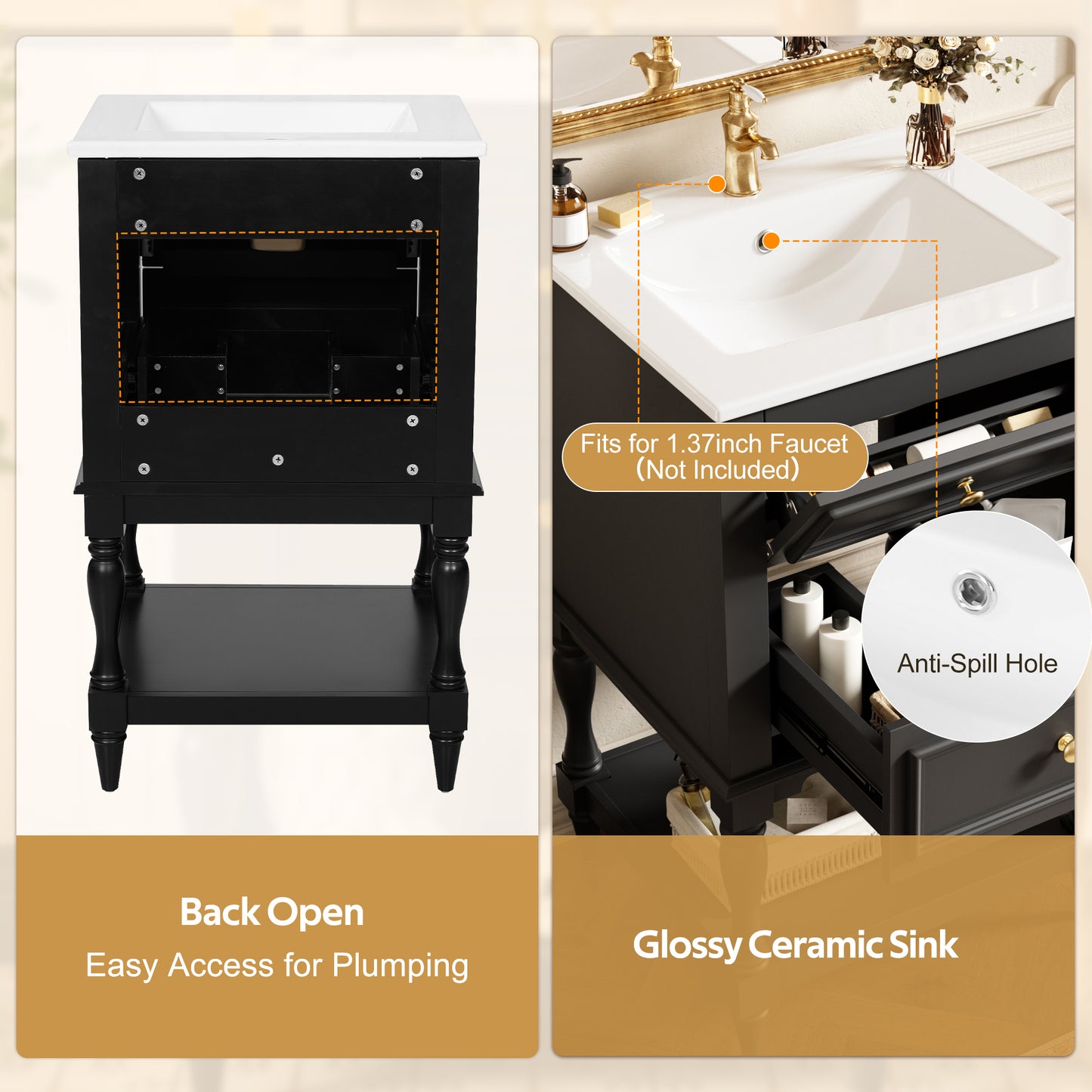 20'' Black Bathroom Vanity with Ceramic Sink & 2 Drawers