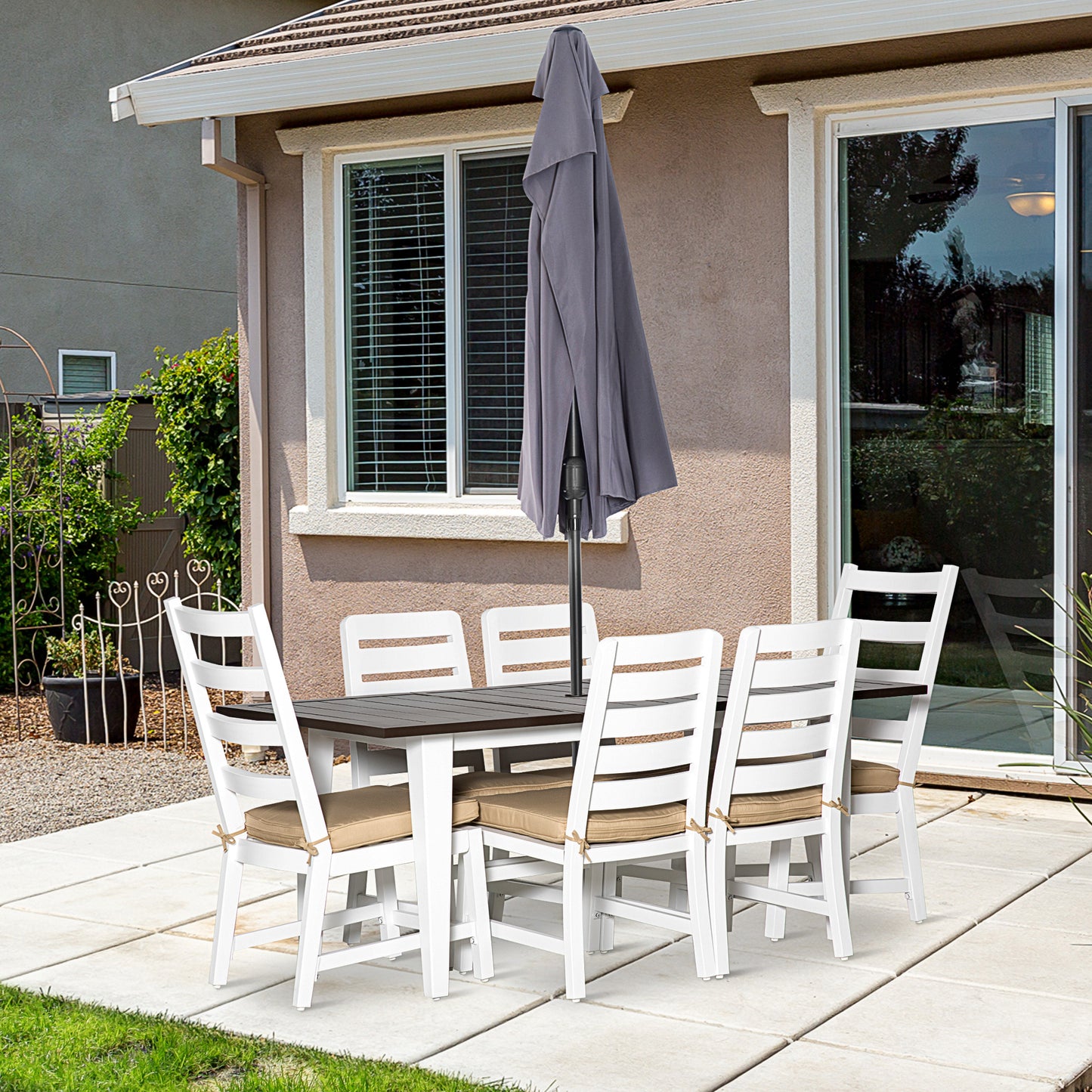 Patio Dining Set for 6 with Cushions & Umbrella Hole - Coffee