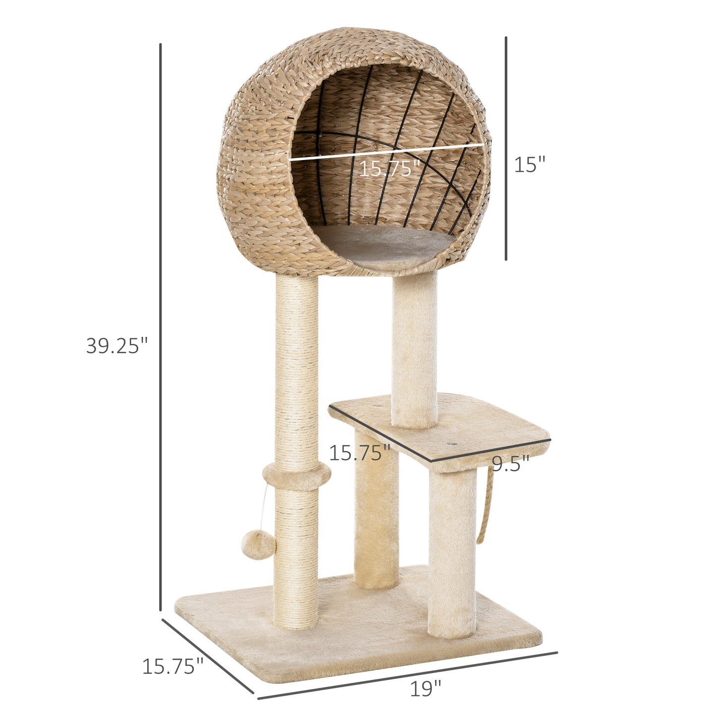 Beige Cat Tree with Sisal Scratching Post Condo and Hanging Rope - 39 Inches