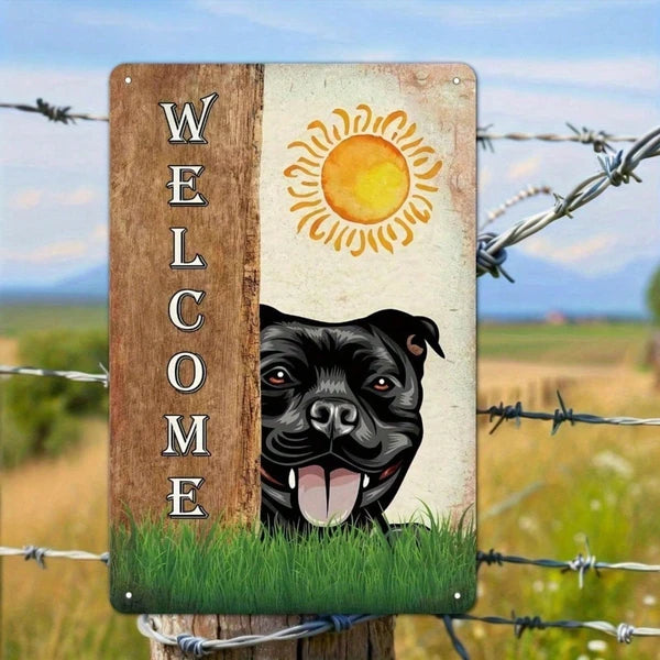 Vintage Staffordshire Bull Terrier Dog Welcome Metal Sign - 8"