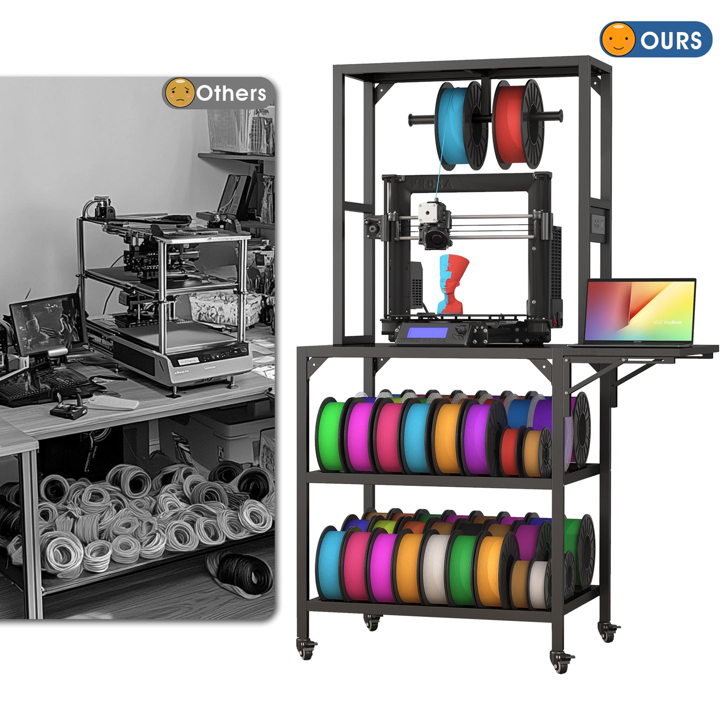 Heavy Duty 3D Printer Stand with Filament Storage Rack - Black