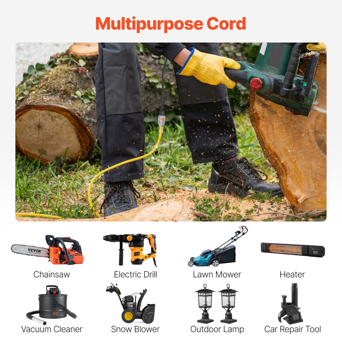 Heavy Duty 100FT Extension Cord 12AWG 15A Waterproof with Lighted End