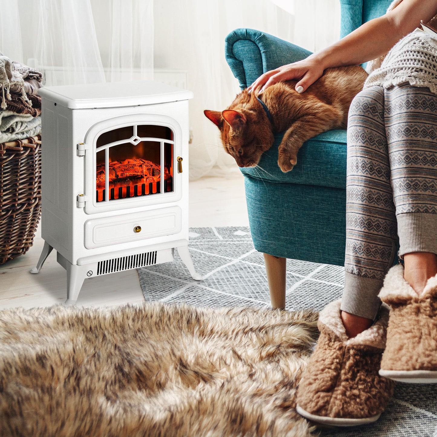 Electric Fireplace Heater with Realistic LED Flame and Logs - White, 725W/1450W