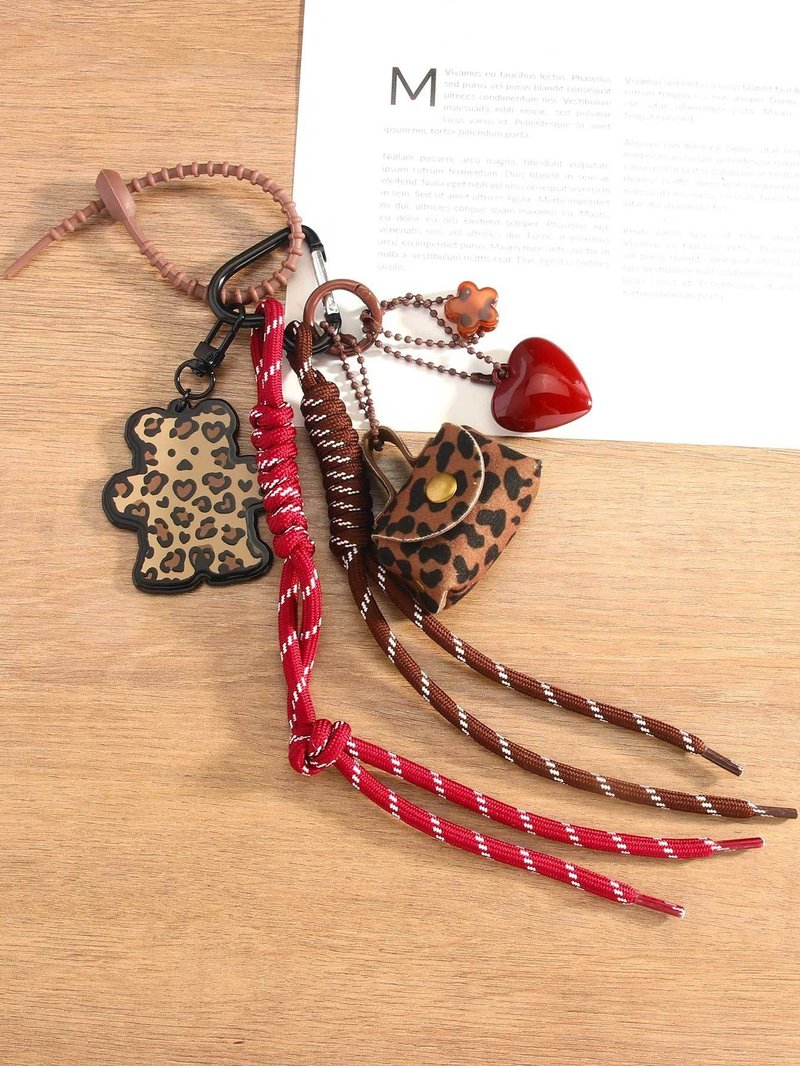 Leather Leopard Print Pouch Keychain Pendant Brown