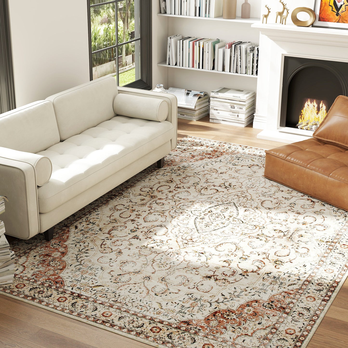 Machine Washable Floral Area Rug 8x10 - Non-Slip Mixed-Brown