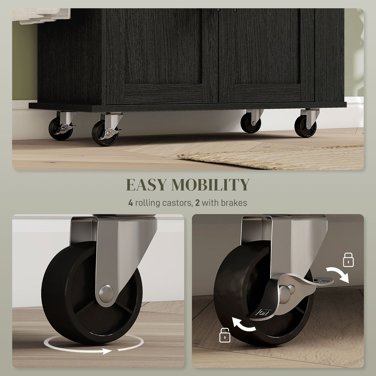 Rolling Kitchen Island Cart with Power Outlets & Storage - Black