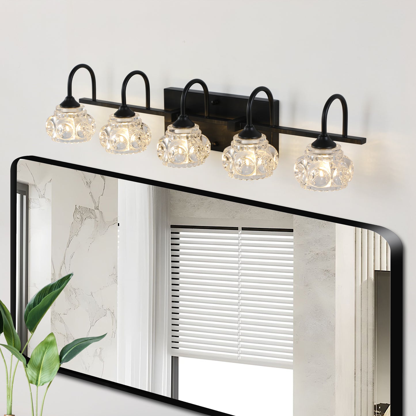 5-Light Bathroom Vanity Light Fixture - Black & Crystal Shades