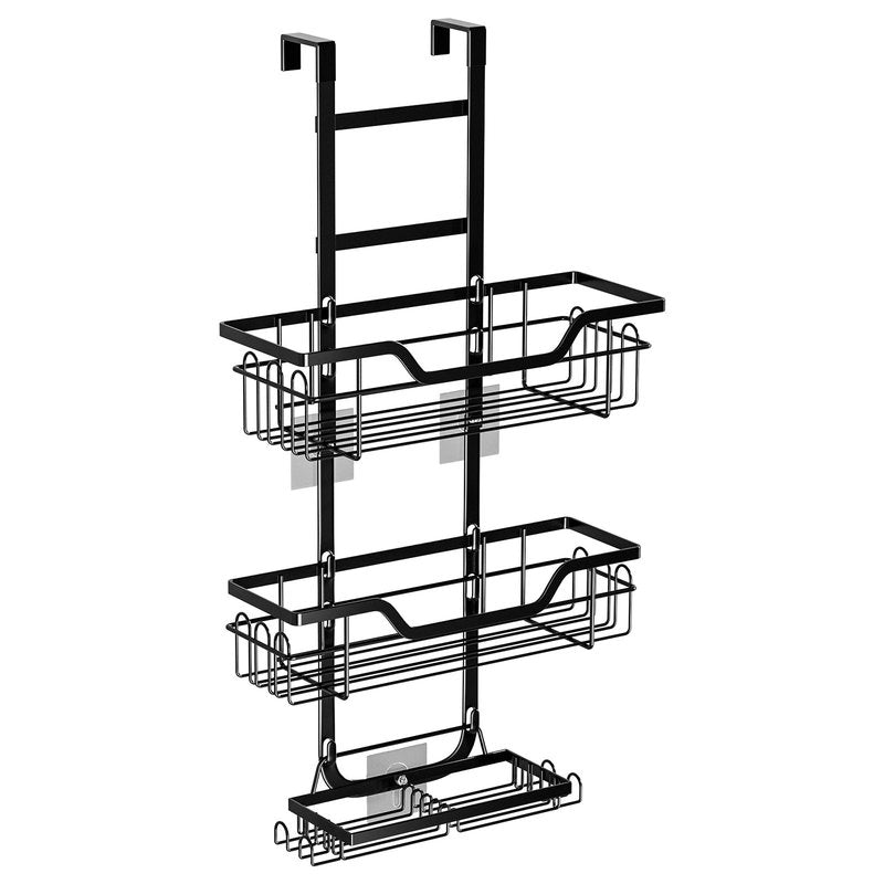 No-Drill Bathroom Shelf with Tiered Hanging Basket Storage Rack - Black