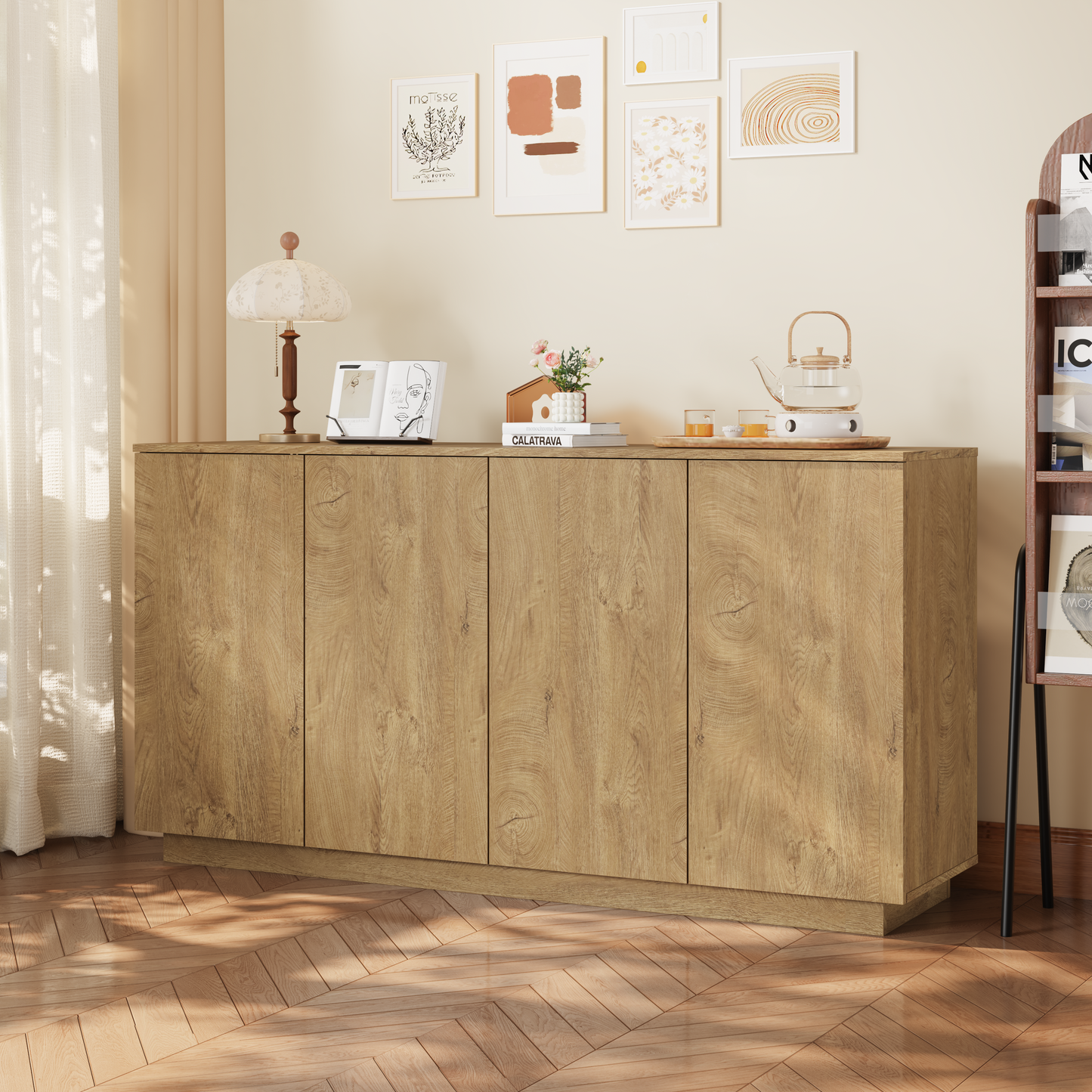 Natural Wood Sideboard Buffet Cabinet with 4 Doors & Adjustable Shelves