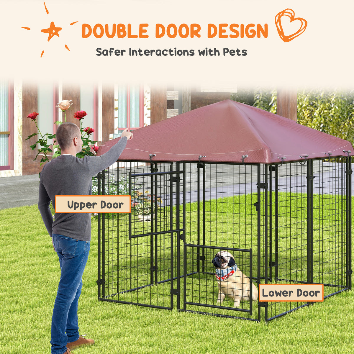 Outdoor Dog Kennel with Waterproof Canopy - Large, Steel Frame, Brown