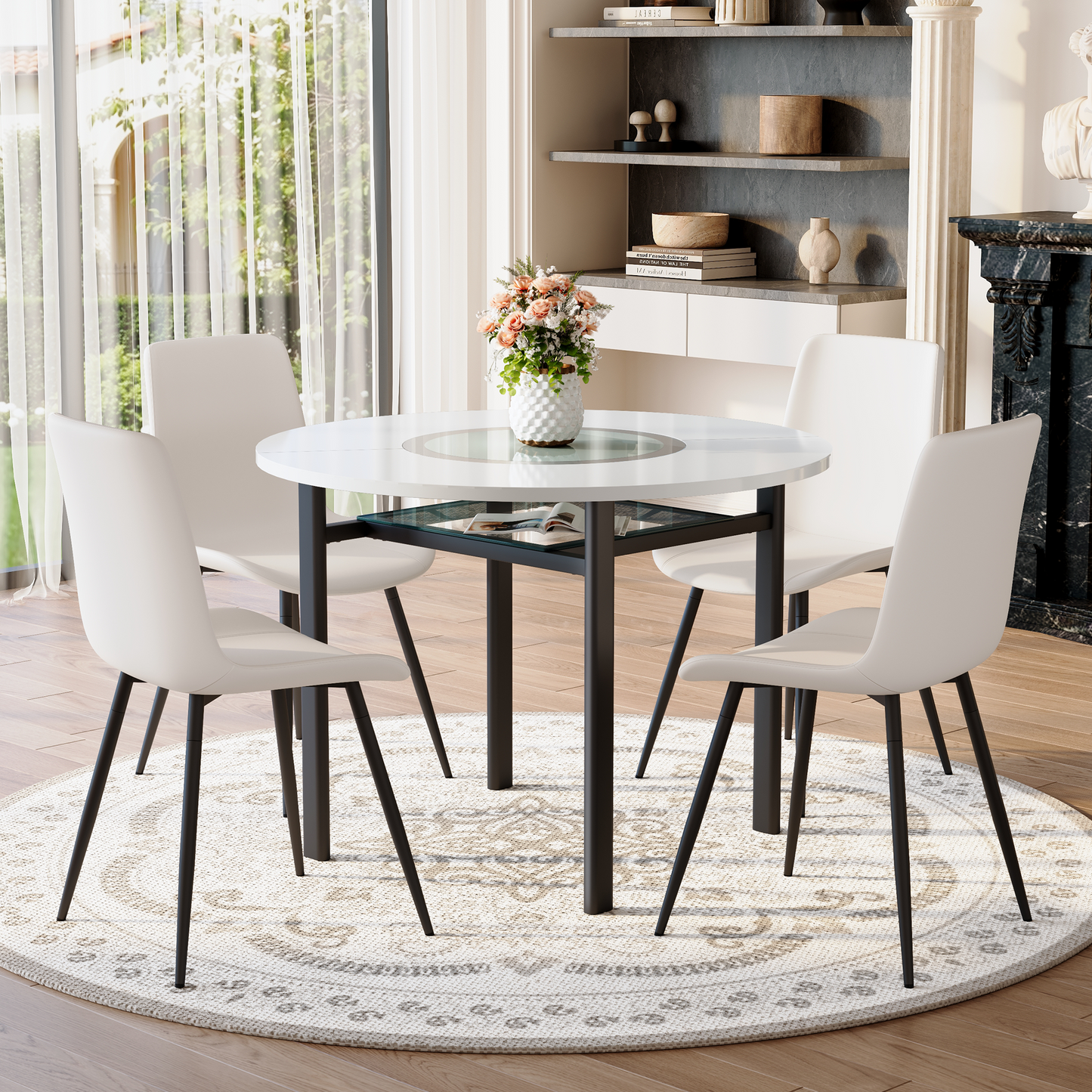 Table And Chair Set.42 Inch Modern Minimalist White Desktop Round