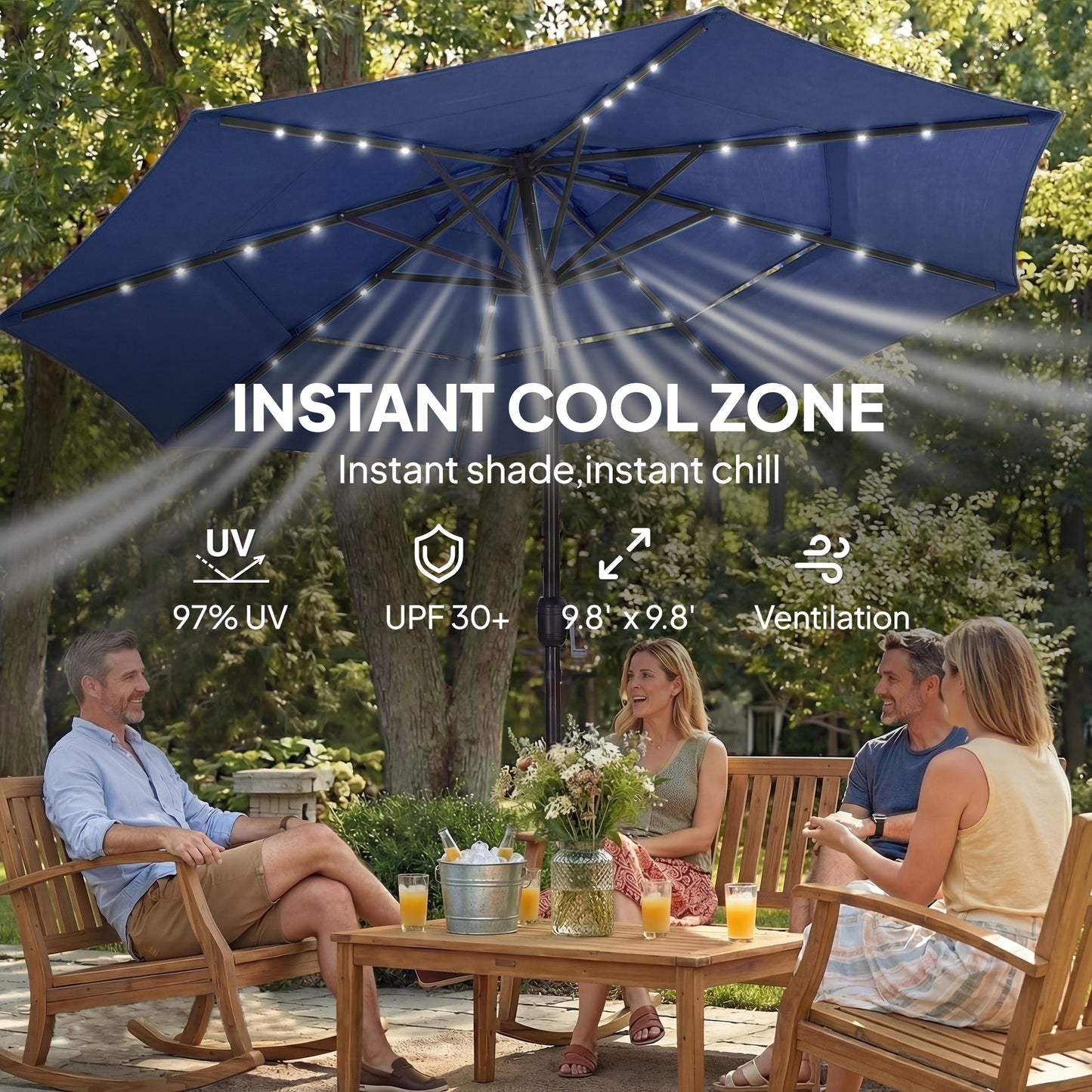 9.7 ft Outdoor Patio Umbrella with Solar LED Lights - Navy Blue