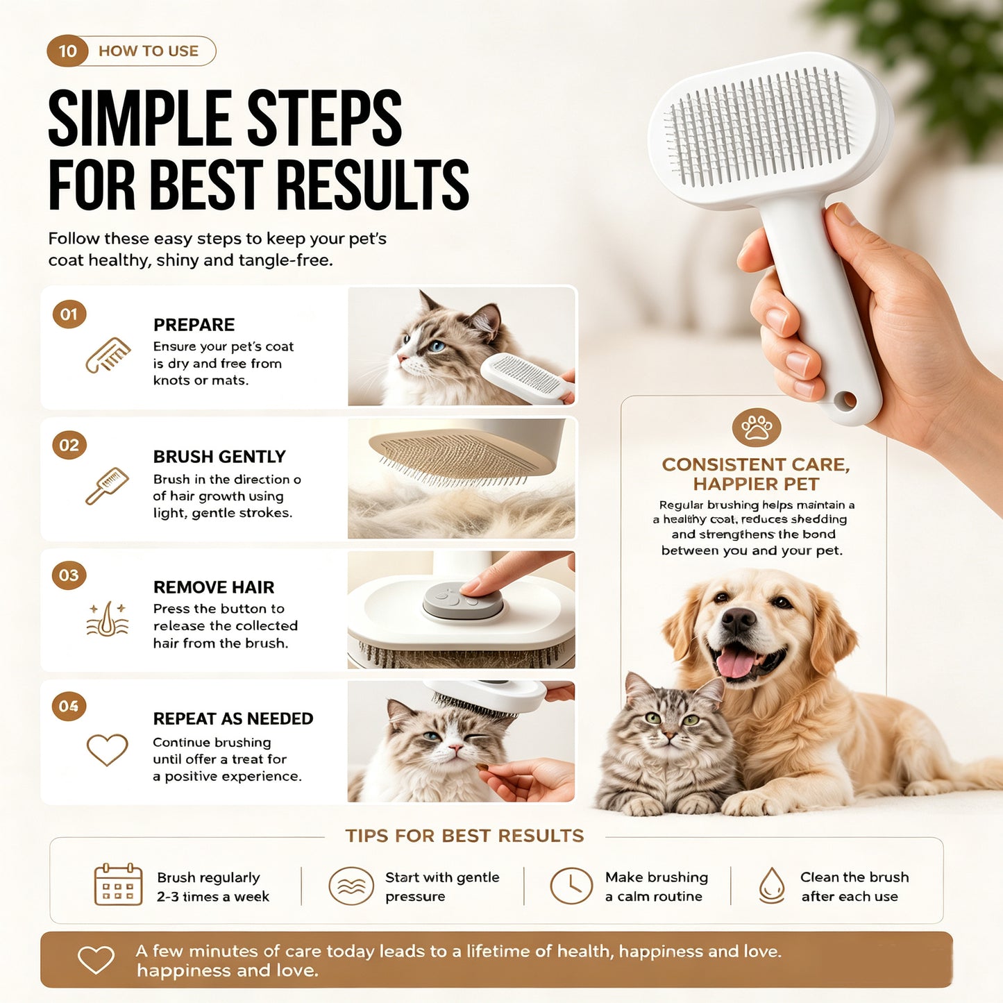 Pet Self-Cleaning Slicker Brush for Cats & Dogs - Gentle Deshedding Tool White