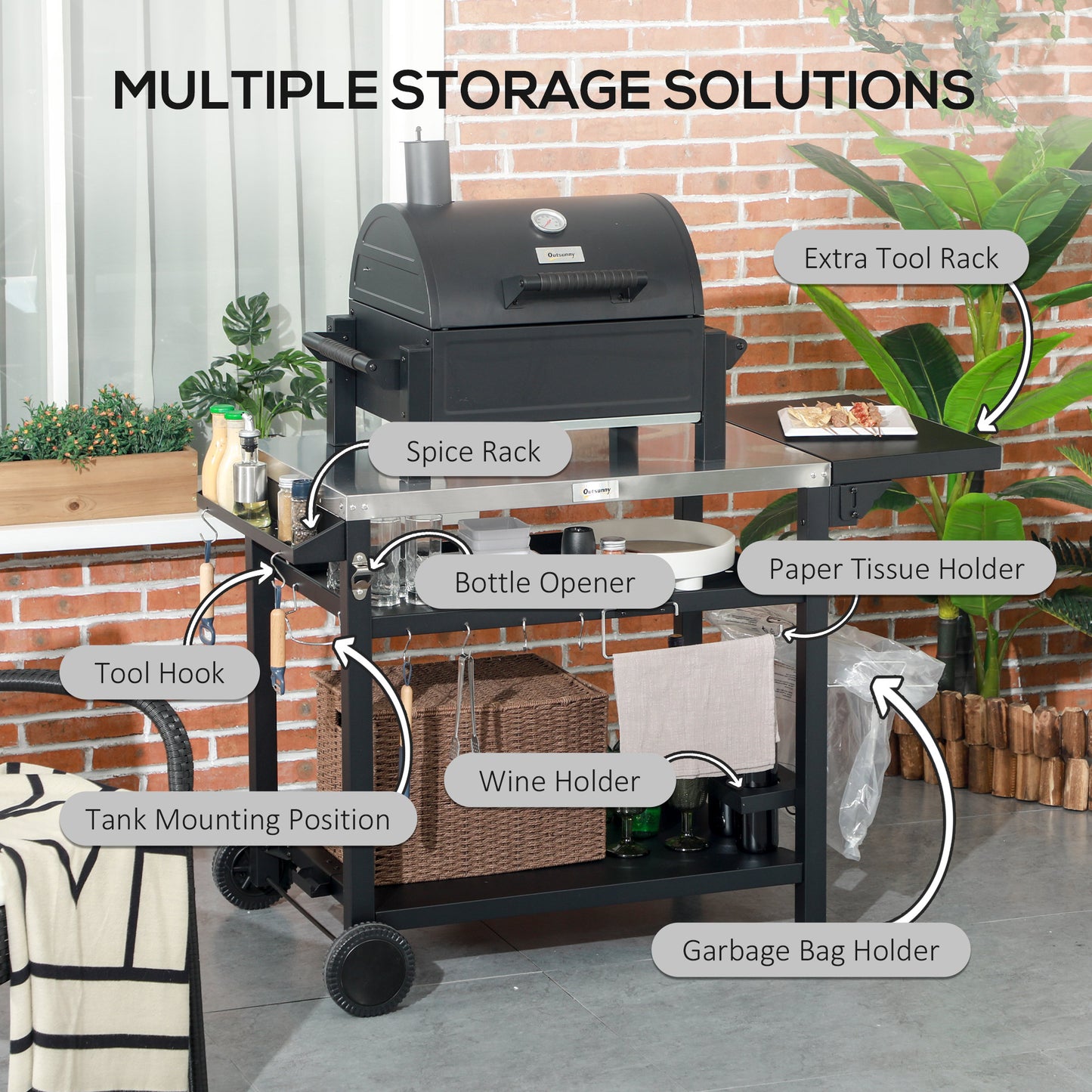 3-Shelf Outdoor Grill Cart with Foldable Side Table - Black